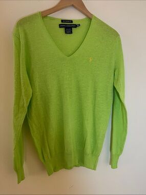 Ralph Lauren Woman’s V Neck Sweater in Bright Lime linen/ cotton blend size M